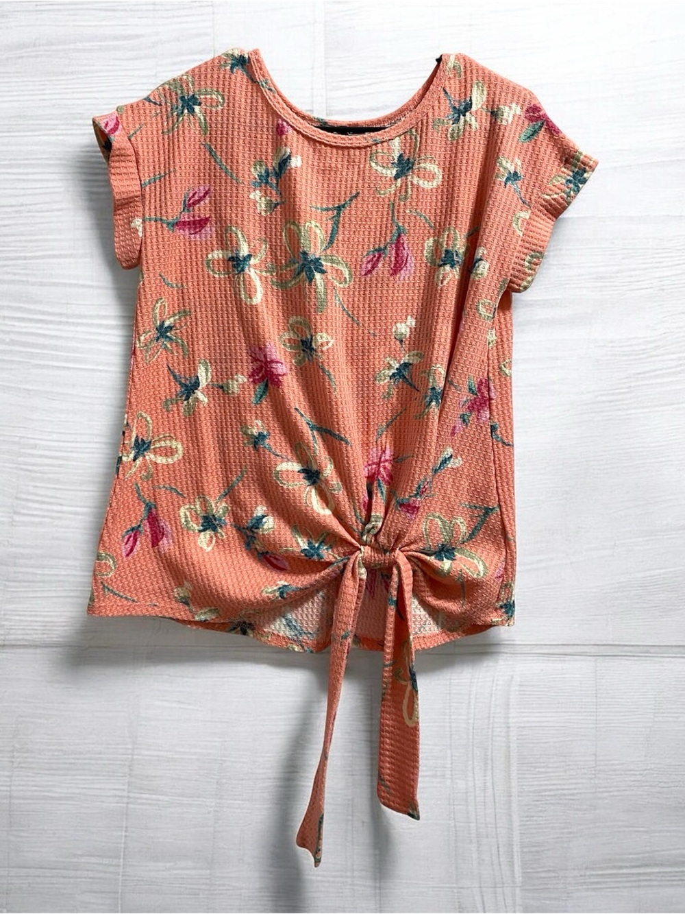 Shop Basic USA Women's Coral Floral Tie-Front Short Sleeve Tee size S